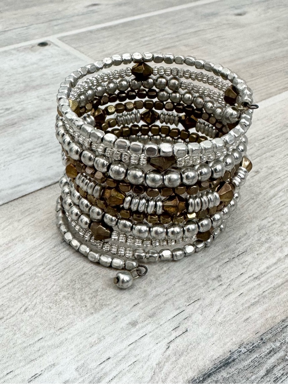 Boho Silver Gold Beaded Coil Bracelet